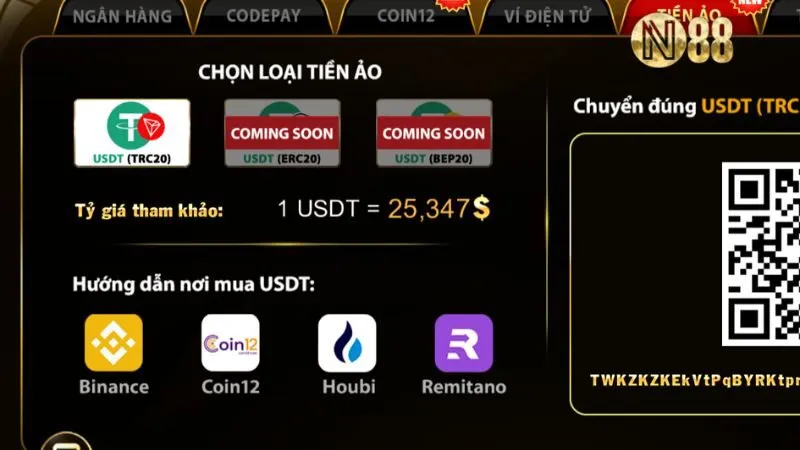 Nạp tiền qua tiền điện tử (Bitcoin, Ethereum, v.v.)